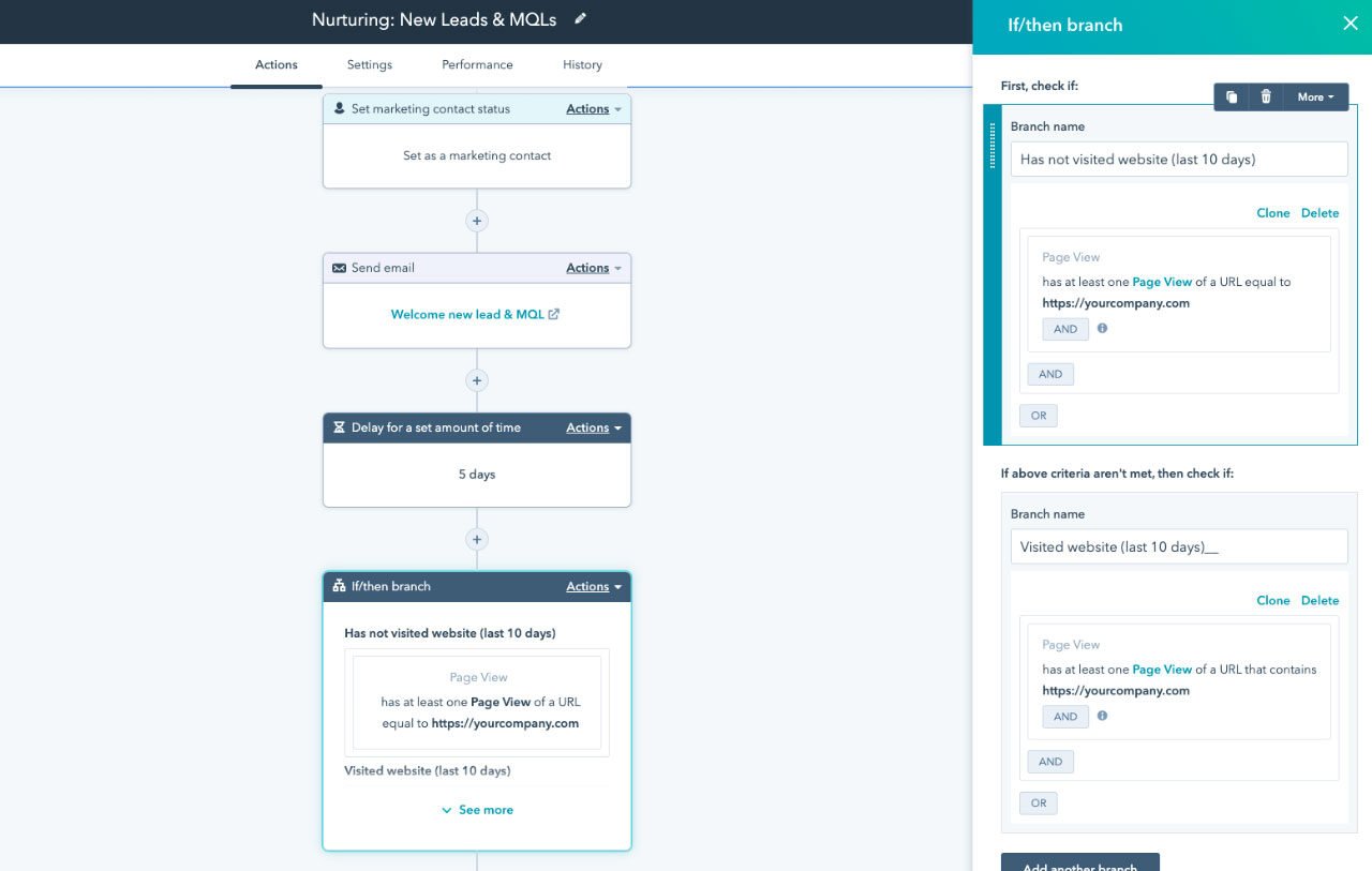 HubSpot marketing automation workflow screen showcasing drag-and-drop interface and personalized campaign setup.